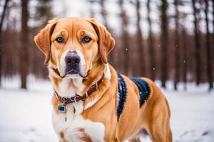 Portrait of a cute mixed breed dog lying on the grass in the park. photo