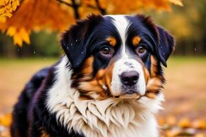 Portrait of a beautiful Australian Shepherd dog standing on the green grass in the park. photo