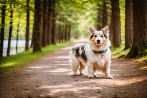 Portrait of a cute mixed breed dog lying on the grass in the park. photo