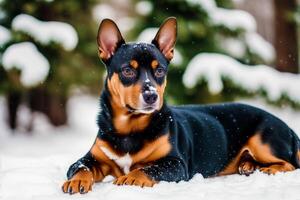 Miniature pinscher sitting on the ground in the park. photo