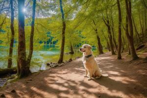 Portrait of a cute mixed breed dog lying on the grass in the park. photo