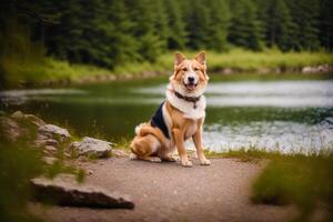 Portrait of a cute mixed breed dog lying on the grass in the park. photo