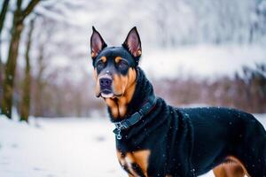Portrait of a beautiful purebred doberman dog in the park. photo