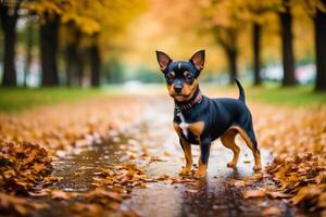 Funny English Toy Terrier dog in the autumn park. Black and brown color. photo