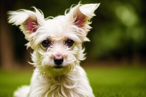 Portrait of a Cute West Highland White Terrier dog standing on the road in the park. Yorkshire Terrier. photo