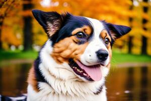 Portrait of a cute Cardigan Welsh Corgi dog standing in the park. photo