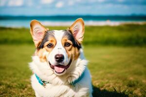 Portrait of a cute Cardigan Welsh Corgi dog standing in the park. photo
