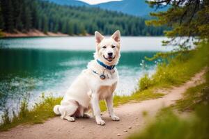 Portrait of a cute mixed breed dog lying on the grass in the park. photo