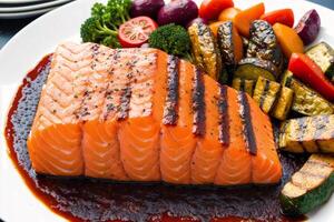 Grilled salmon with cream sauce and parsley on a white plate. salmon fillet with baked potatoes. photo