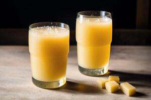 Glass of fresh mango juice on wooden table, closeup. Healthy food concept. photo