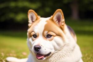 Portrait of a beautiful Japanese Akita dog in the park. photo
