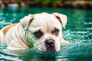 Portrait of a beautiful dog breed English Bulldog. A beautiful American Bulldog dog in the park. photo