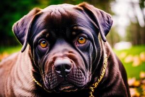 Portrait of a black labrador retriever dog in the park. photo