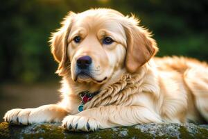 linda dorado perdiguero. retrato de un hermosa dorado perdiguero perro jugando en el parque. generativo ai foto