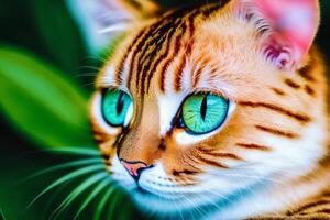 Beautiful cat with green eyes on the background of green leaves. photo