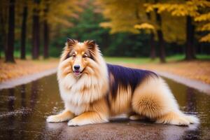 Rough Collie dog. Portrait of a beautiful Rough Collie dog playing in the park. photo