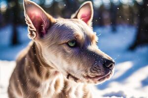 Portrait of a dog on a background of blue sky. photo