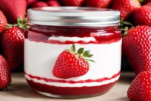 Strawberry jam in a glass jar with fresh strawberries, closeup. Healthy food concept. photo