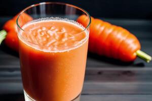 Zanahoria jugo en un vaso con Fresco zanahorias en un oscuro antecedentes. cerca arriba. sano comida concepto. generativo ai foto