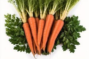 Bunch of fresh carrots with green leaves. Vegetarian food. Vegetarianism and healthy eating. healthy food concept. photo