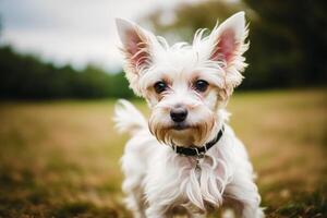 Cute West Highland White Terrier dog standing in the park. photo