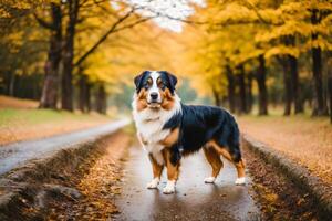 Portrait of a beautiful Australian Shepherd dog standing on the green grass in the park. photo