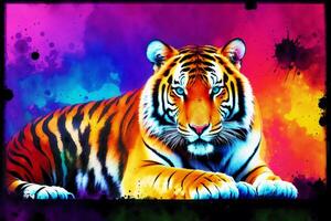 Tiger art illustration color abstract painting design on the black background.Digital art, photo