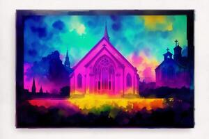 Church silhouette on a colorful background. Abstract colorful background. Watercolor paint. Digital art, photo