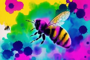 Illustration of a bee on a colorful background with flowers and blots. Digital art, photo