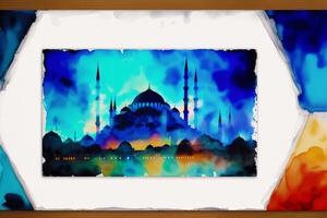 Silhouette of mosque on colorful background. Ramadan Kareem. Abstract colorful background. Watercolor paint. Digital art, photo