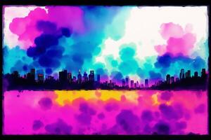 Abstract colorful watercolor background with skyscrapers. beautiful silhouette of the city. Digital art, photo