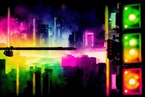 Abstract colorful watercolor background with skyscrapers. beautiful silhouette of the city. Digital art, photo