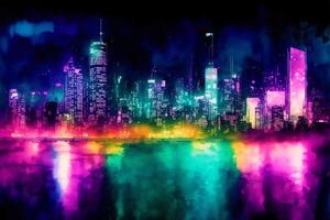 Abstract colorful watercolor background with skyscrapers. beautiful silhouette of the city. Digital art, photo