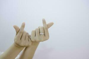 female two hand showing small heart on a white isolated background, closeup mini heart sign by women hand photo