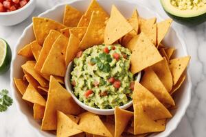 cuenco de guacamole con tomate y perejil.tortilla papas fritas. generativo ai foto