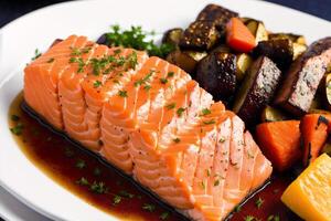 Grilled salmon with cream sauce and parsley on a white plate. salmon fillet with baked potatoes. photo