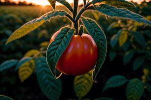 Ripe red tomatoes on the branches of a tomato plant in the garden. Close-up. Healthy food concept. photo