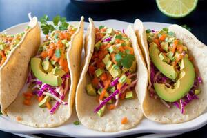 Mexican tacos with salmon, avocado, cilantro, onion and sauce. Mexican food. photo