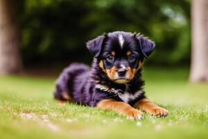 Portrait of a cute purebred puppy of Australian shepherd in the park. photo