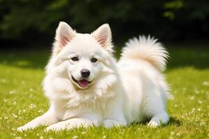 Portrait of a beautiful dog breed American Eskimo Dog in the park. photo