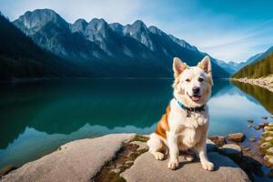 Portrait of a cute mixed breed dog lying on the grass in the park. photo