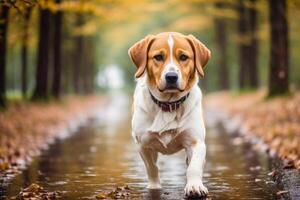 Portrait of a cute mixed breed dog lying on the grass in the park. photo