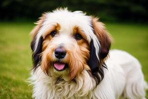 Portrait of a beautiful dog in the autumn park. Selective focus. photo