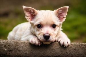 Portrait of a Cute puppy of the Yorkshire Terrier dog standing on the green grass in the park. photo