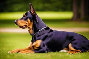 Portrait of a beautiful purebred doberman dog in the park. photo