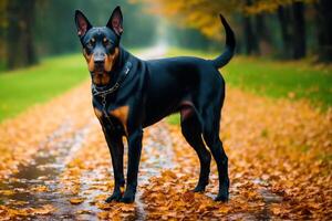 Portrait of a beautiful purebred doberman dog in the park. photo