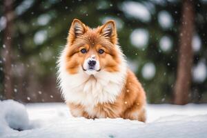 linda alemán perro de Pomerania. retrato de un hermosa alemán perro de Pomerania perro jugando en el parque. generativo ai foto