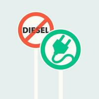 Road sign prohibiting diesel vehicles. Red crossed out circle. Road sign of an electric vehicle charging station in a green circle. vector
