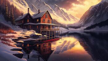 Waterfront house with beautiful snow mountains and sunset shining created with technology. photo