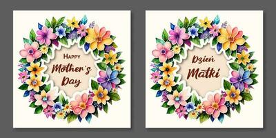Mother's Day card. Watercolor wreath of flowers. Polish and english version. vector